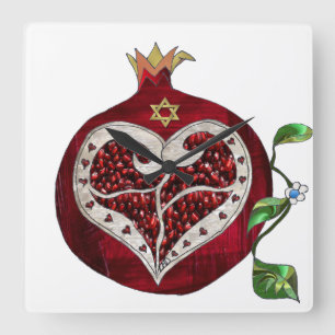 Judaika Pomegranate Heart Hanukkah Rosh Hashanah Quadratische Wanduhr