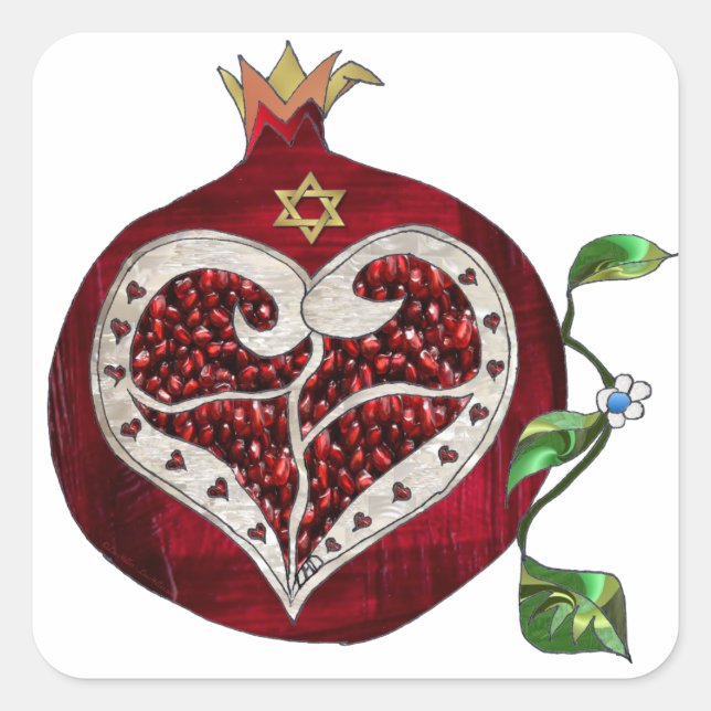 Judaika Pomegranate Heart Hanukkah Rosh Hashanah Quadratischer Aufkleber (Vorderseite)