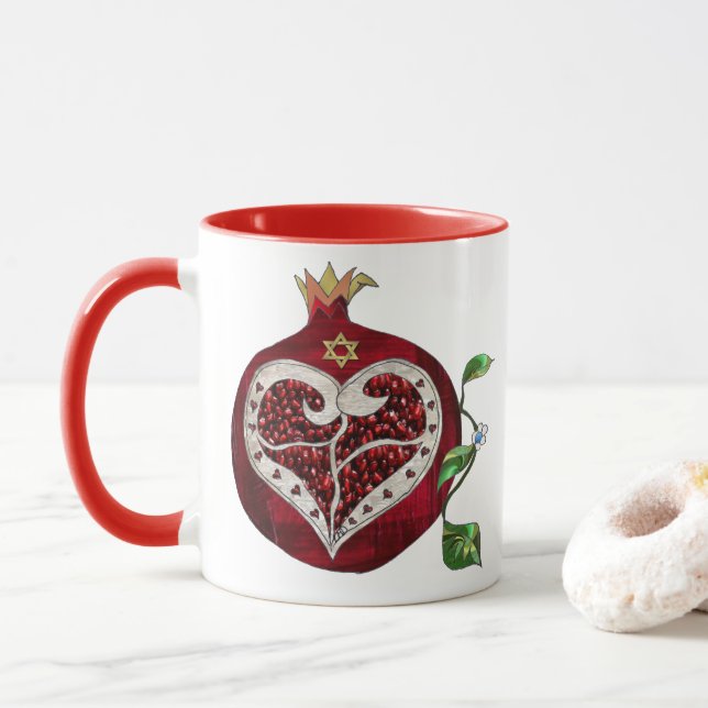 Judaika Pomegranate Heart Hanukkah Rosh Hashanah Tasse (Mit Donut)