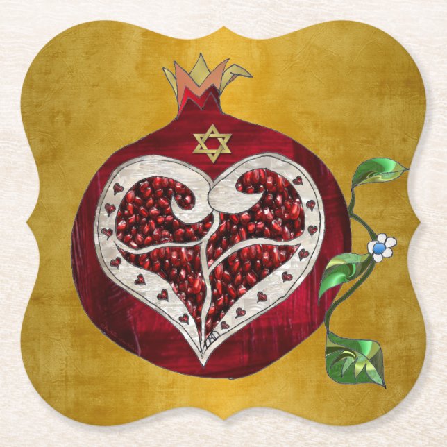 Judaika Pomegranate Heart Hanukkah Rosh Hashanah Untersetzer (Vorderseite)