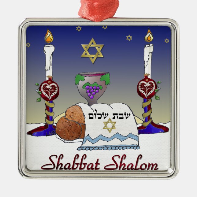 Judaika Shabbat Shalom Art Print Silbernes Ornament (Vorne)
