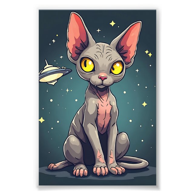 Judging Sphynx Cat UFO Space Cartoon Art Fotodruck (Vorne)