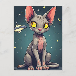 Judging Sphynx Cat UFO Space Cartoon Art Postkarte