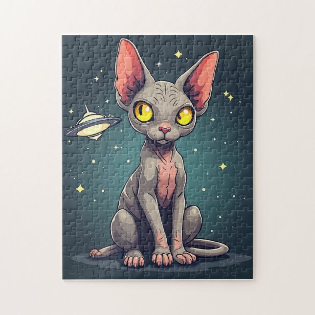Judging Sphynx Cat UFO Space Cartoon Art Puzzle (Vertikal)