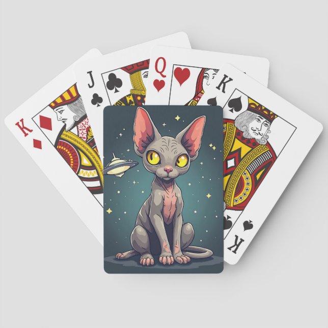 Judging Sphynx Cat UFO Space Cartoon Art Spielkarten (Rückseite)