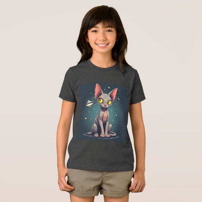 Judging Sphynx Cat UFO Space Cartoon Art Tri-Blend Shirt (Vorderseite Voll)