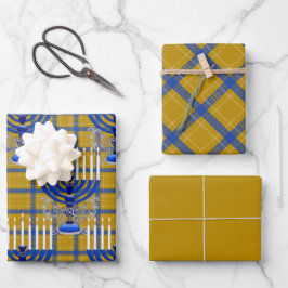 Jüdisch-Menorah-Kariert-Gold Geschenkpapier Set