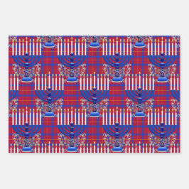 jüdisch-menorah-Kariert-Granatrot Geschenkpapier Set