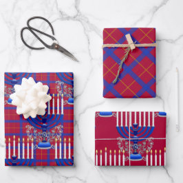 jüdisch-menorah-Kariert-Granatrot Geschenkpapier Set