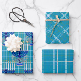 jüdisch-menorah-Kariert-zyanisch Geschenkpapier Set