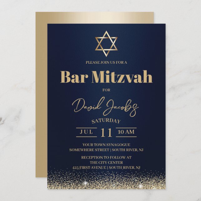 Jüdische Bar Mitzvah Moderne Marine Blue & Gold Einladung (Vorne/Hinten)