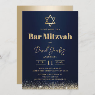 Jüdische Bar Mitzvah Moderne Marine Blue & Gold Einladung