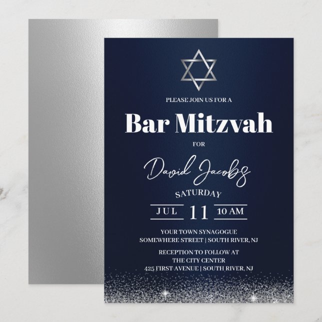 Jüdische Bar Mitzvah Star der David Modern Navy Bl Einladung (Vorne/Hinten)