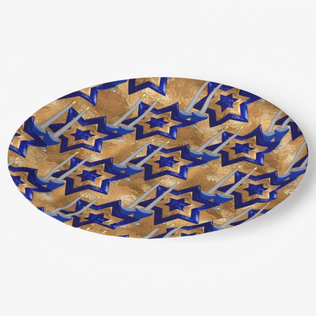 Jüdische Candlesticks-and-Stars Gold 3 Pappteller (Schrägansicht)