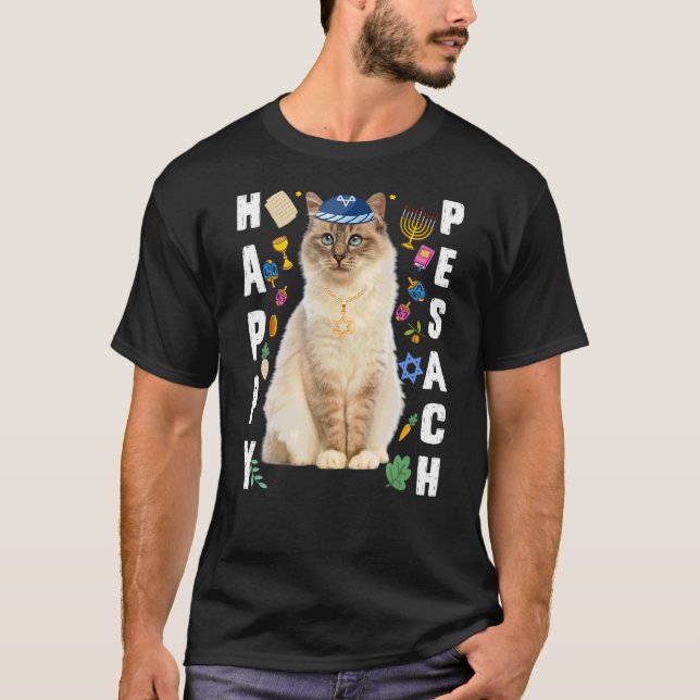 Jüdische Cat Kippah Happy Pesach Matzah Pessach Ho T-Shirt (Vorderseite)