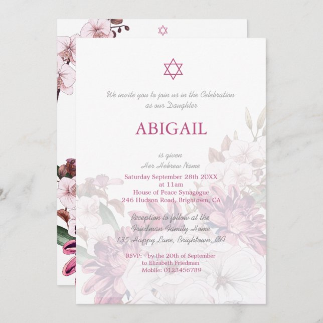 Jüdische Girl Floral Naming Zeremonie Hebräisch Einladung (Vorne/Hinten)