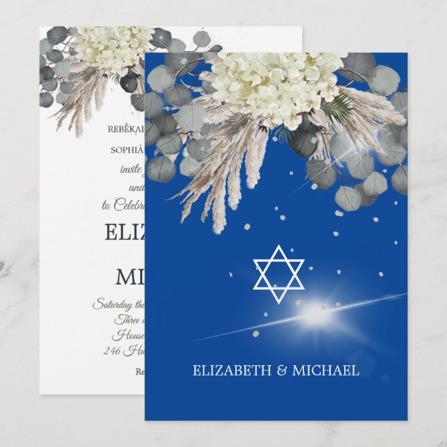 Jüdische Hochzeit Chuppah Elegante Blauer Blume Einladung (Vorne/Hinten)