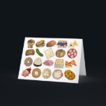 Jüdische Küche Feiertag Abendessen Fossilien Print Karte<br><div class="desc">Das Design zeigt eine originelle Abbildung einer Auswahl an beliebten Gerichten in jüdischer Küche, darunter: Babka, Bagel mit Sahnekäse und -lox, Rugelach, Blaubeeren-Blintzes, Hamantash, reuben Sandwich, Koscher-Dill-Pickle, Matzah, Spinatknish, Shakshuka, alles Bagel, Kokosmakaroon, israelischer Salat, Kugel, Kugel, Kugel ourekas, Rinderbrust, Latex mit saurer Creme, Matzo-Ball-Suppe, Sufganiyah und ein Laib mit herausforderndem...</div>