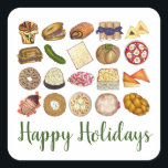 Jüdische Küche Happy Holidays Dinner Quadratischer Aufkleber<br><div class="desc">Das Design zeigt eine originelle Abbildung einer Auswahl an beliebten Gerichten in jüdischer Küche, darunter: Babka, Bagel mit Sahnekäse und -lox, Rugelach, Blaubeeren-Blintzes, Hamantash, reuben Sandwich, Koscher-Dill-Pickle, Matzah, Spinatknish, Shakshuka, alles Bagel, Kokosmakaroon, israelischer Salat, Kugel, Kugel, Kugel ourekas, Rinderbrust, Latex mit saurer Creme, Matzo-Ball-Suppe, Sufganiyah und ein Laib mit herausforderndem...</div>