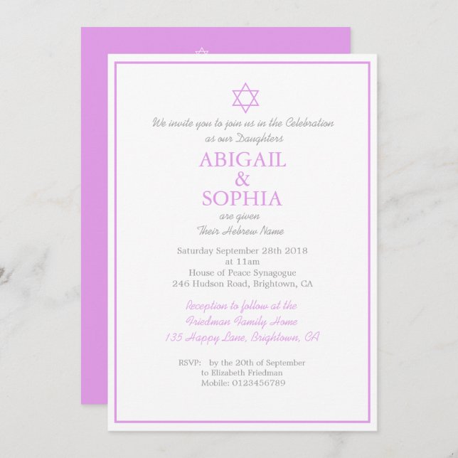 Jüdische Twin Girls Namensfeier Hebräisch Lila Einladung (Vorne/Hinten)