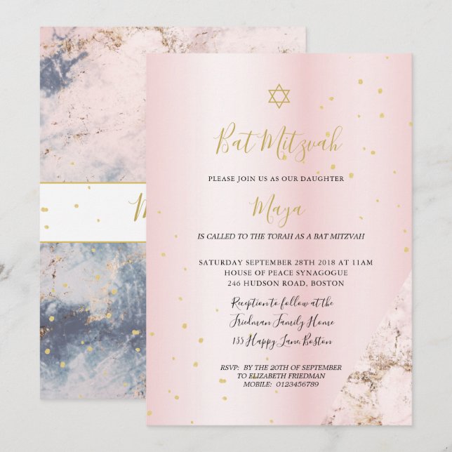 Jüdischer Bat Mitzvah Pink Gold Hebräische Einladu Einladung (Vorne/Hinten)