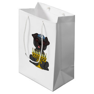 Jüdischer Feiertag-Niedlicher grauer Mops mit Mittlere Geschenktüte