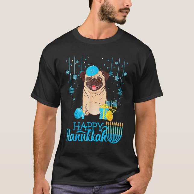 Jüdischer Mops Dog Menorah Hanukkah Pajamas Chanuk T-Shirt (Vorderseite)