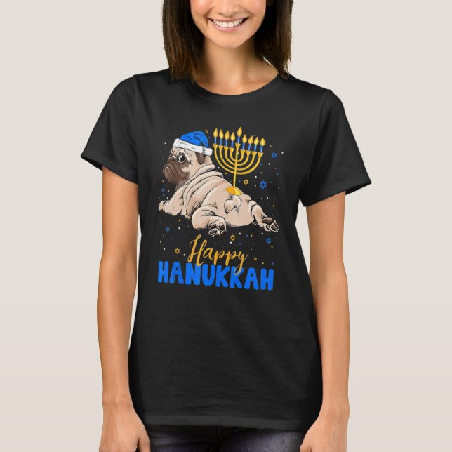 Jüdischer Mops Menorah Happy Hanukka Chanukah Dog T-Shirt (Vorderseite)