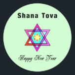 Jüdischer Stern Shana Tova Runder Aufkleber<br><div class="desc">Shana Tova jüdischer Stern kennzeichnet hebräischen Art-Buntglas Davidsstern Und sonnigen Gruß während eines guten Rutsch ins Neue Jahr.</div>