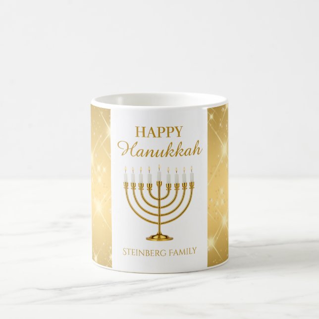 Jüdischer Urlaub Hanukkah in Gold und Weiß Menorah Kaffeetasse (Mittel)