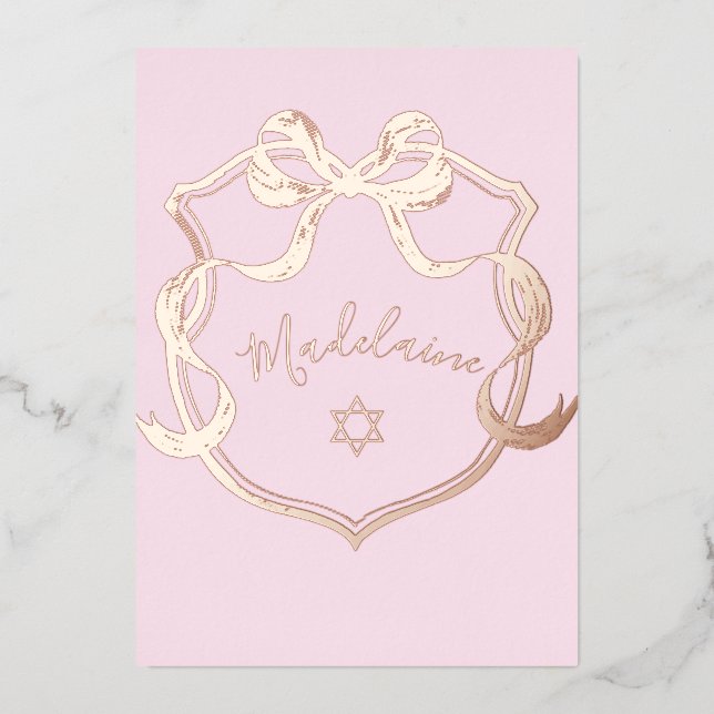 Jüdisches Baby-Naming Pink Ribbon Elegant Foil Folieneinladung (Vorderseite)
