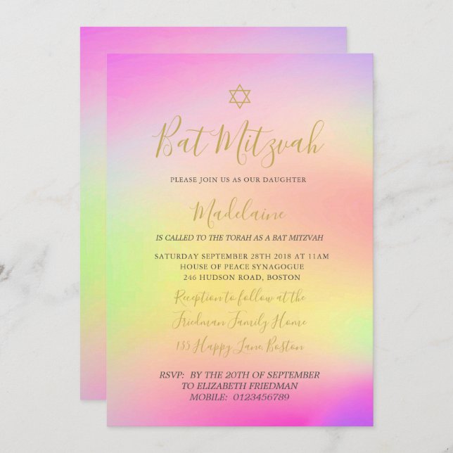 Jüdisches Bat Mitzvah Rainbow Gold Girls Hebräisch Einladung (Vorne/Hinten)