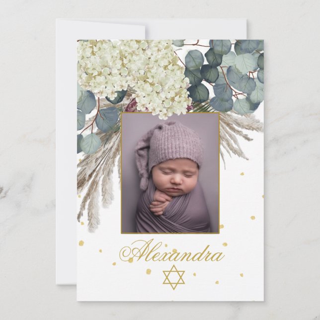 Jüdisches Girl Foto Baby-Benennung von Floral Gold Einladung (Rückseite)