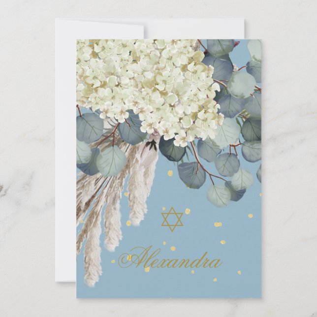 Jüdisches Mädchen-Baby-Namen Floral Foliage Blue G Einladung (Rückseite)