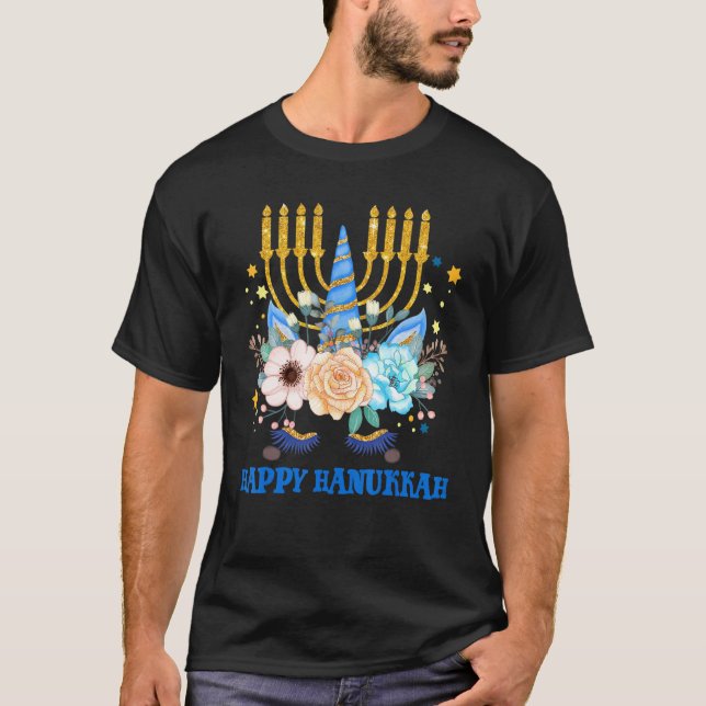 Jüdisches Niedliches Einhorn jüdisch Happy Hanukka T-Shirt (Vorderseite)