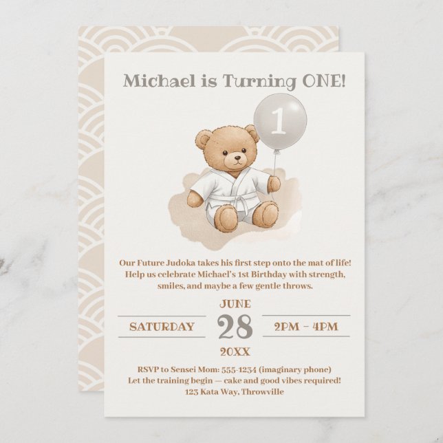 "Judo Bear’s First Belt" – 1st Birthday White Belt Einladung (Vorne/Hinten)