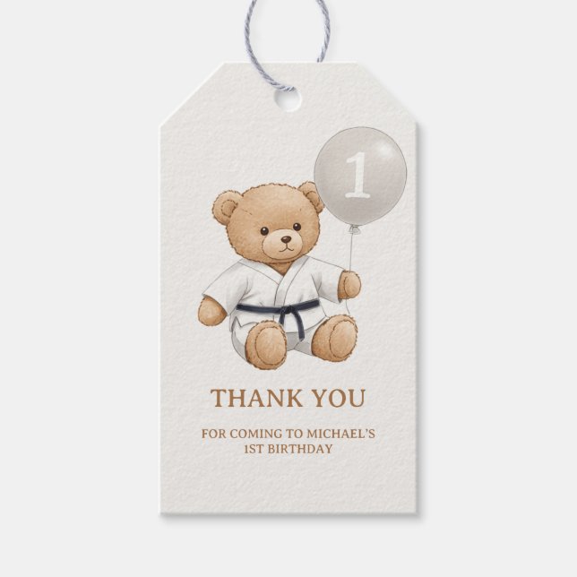 Judo Bear Turns One" – 1st Birthday 【Black-belt】 Geschenkanhänger (Vorderseite)