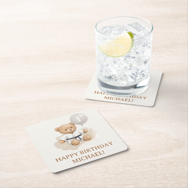 Judo Bear Turns One" – 1st Birthday 【Black-belt】 Rechteckiger Pappuntersetzer (Vor Ort)