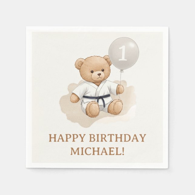 Judo Bear Turns One" – 1st Birthday 【Black-belt】 Serviette (Vorderseite)