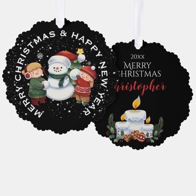 JUGEND & MÄDCHEN mit SNOWMAN , PERSONALISIERTE CHR Ornament Karte (Vorderseite/Rückseite)