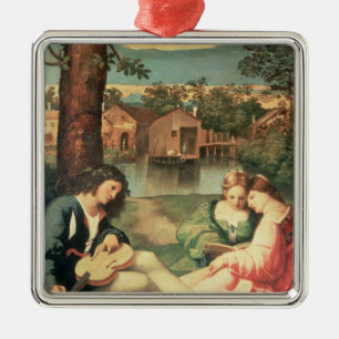 Jugend mit einem Sitzen der Gitarre und zwei Silbernes Ornament