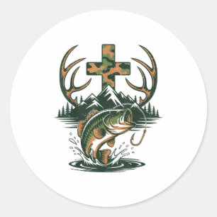 Jugend-Tarnung-Glaube-Jagd-Angeln-Kreuz-Fischer-C Runder Aufkleber