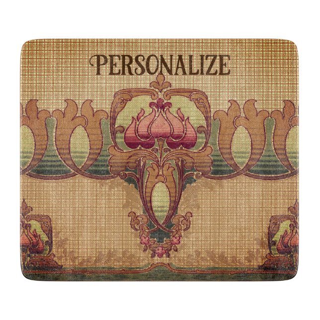 Jugendstil abstrakte Blume bordeauxrot grün Schneidebrett (Vorderseite)