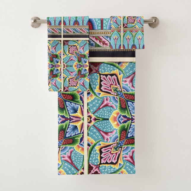 Jugendstil abstrakte Textilkunst Blau Badhandtuch Set (Insitu)