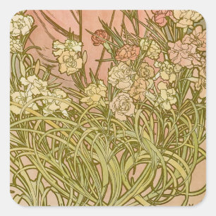 Jugendstil Alfonse Mucha Blüten Nelkenblüten Quadratischer Aufkleber