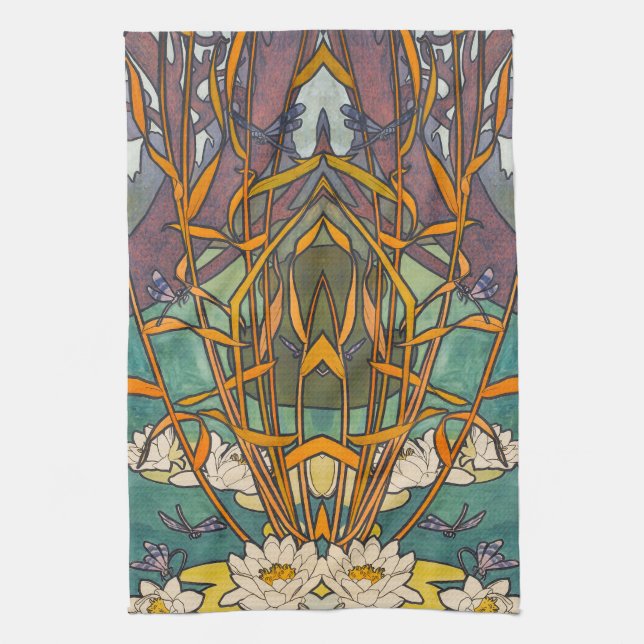 Jugendstil Alphonse Mucha Blumen Teich Libelle Geschirrtuch (Vertikal)