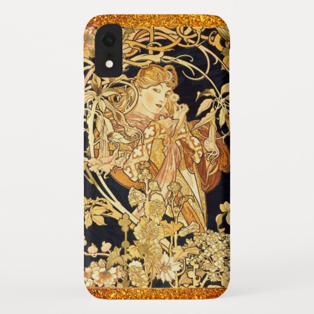 Jugendstil-Alphonse Mucha Blütengold Schwarz Case-Mate iPhone Hülle (Rückseite)