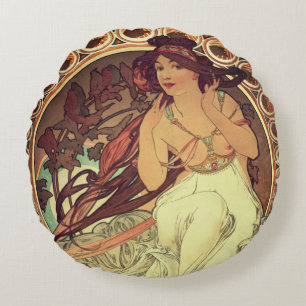 Jugendstil Alphonse Mucha elegante Vintage-Frau Rundes Kissen