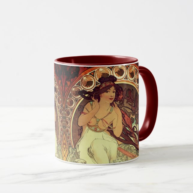 Jugendstil Alphonse Mucha elegante Vintage Frau Tasse (VorderseiteRechts)