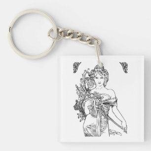Jugendstil Alphonse Mucha Frau mit Blumen Schlüsselanhänger